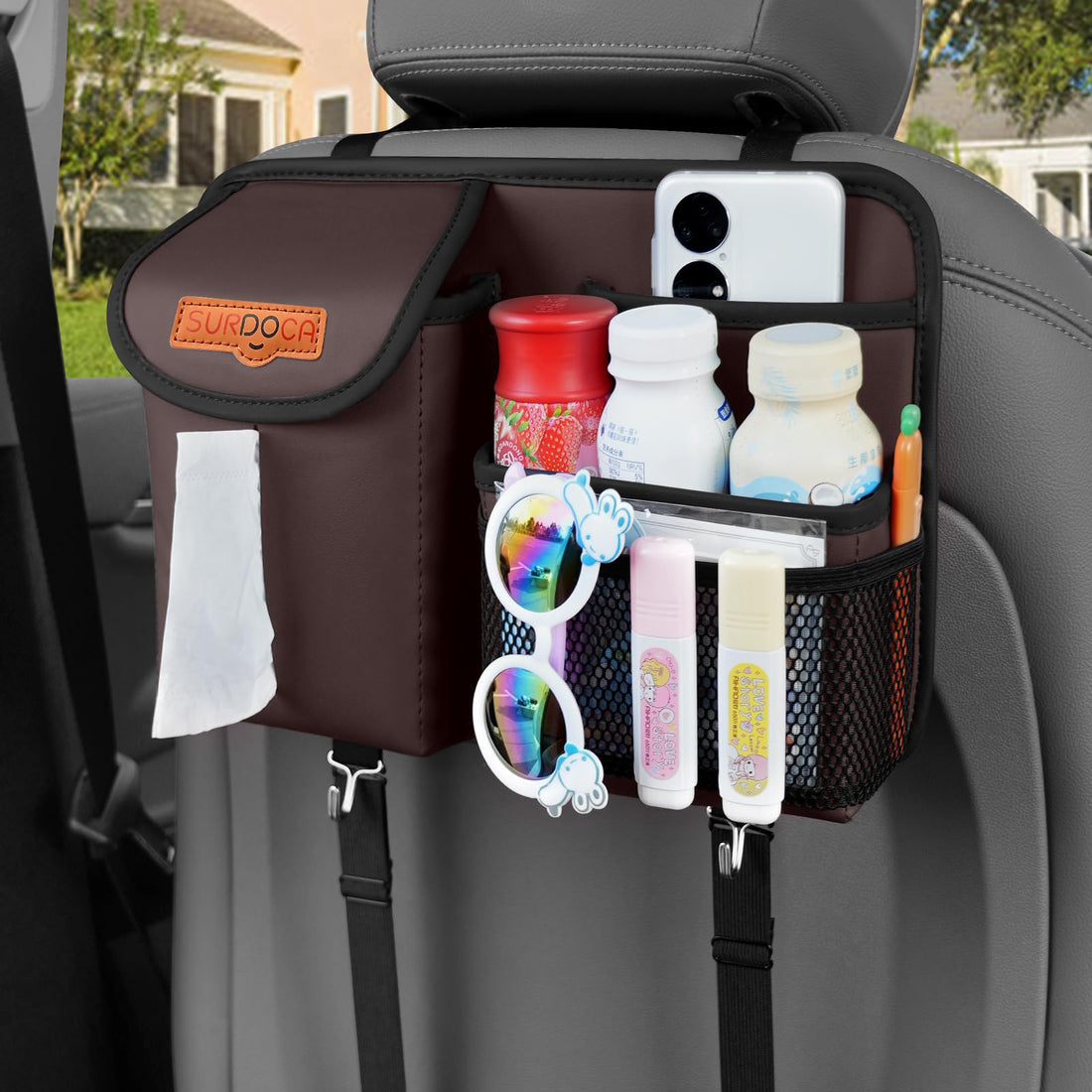 Leather Car Seat Organizer with Hooks