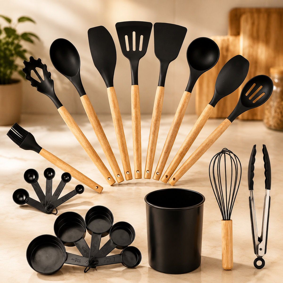 Silicone Cooking Utensils Set 22-Piece Wooden Handle