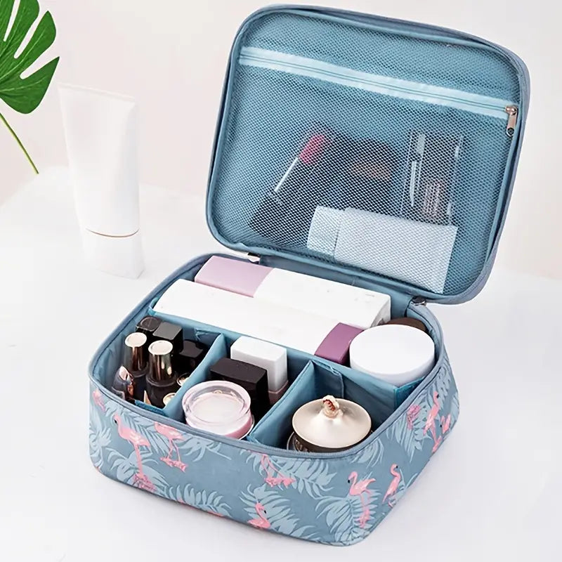 Travel Makeup Cosmetic Bag Blue Flamingo